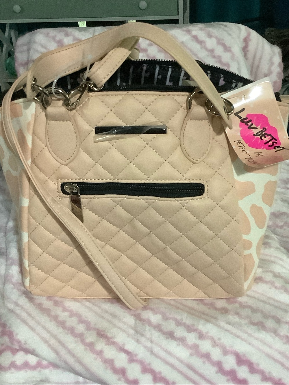 Betsey Johnson Pale Pink Quilted Satchel with Cream Leopard Sides